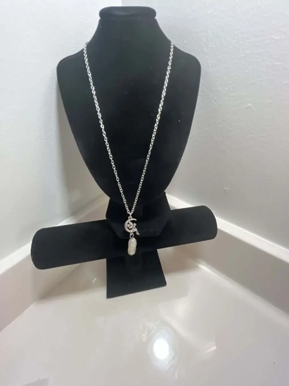 Wire Wrapped Rose Quartz Crystal and Crescent Moon Pendant Necklace